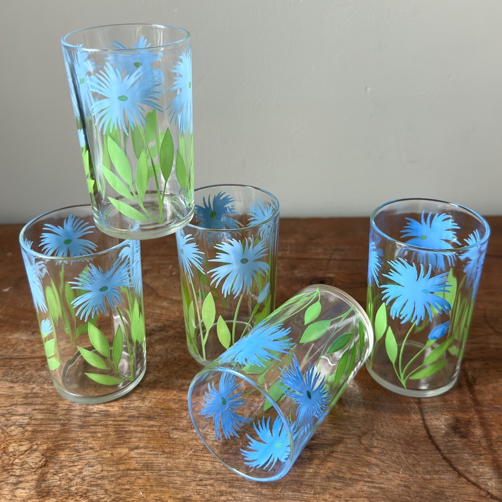 Vintage Kraft "Swanky Swig" Juice Glasses Blue Cornflower Pattern MCM Set of 5 - Picture 9 of 10